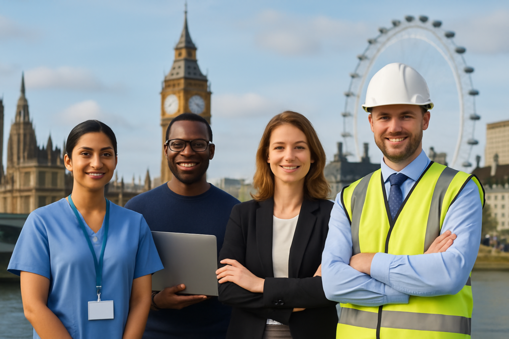 Diverse professionals representing high-demand UK jobs with London cityscape background